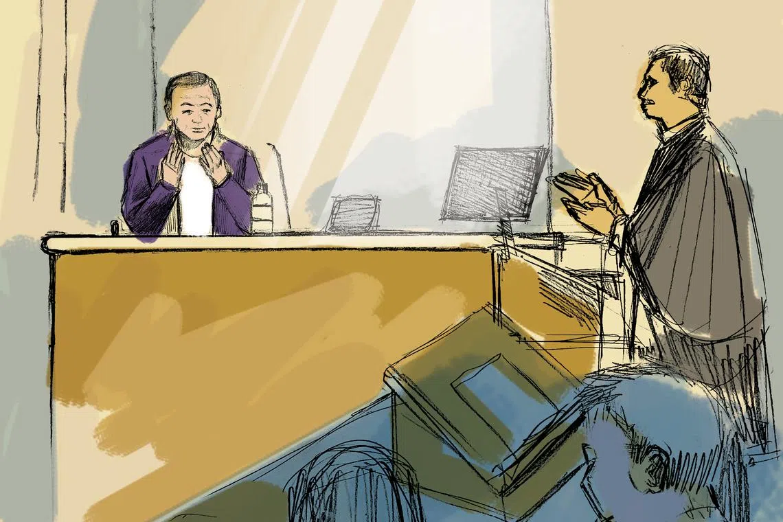 A sketch of the mastermind John Soh Chee Wen at a hearing on May 11, 2021.