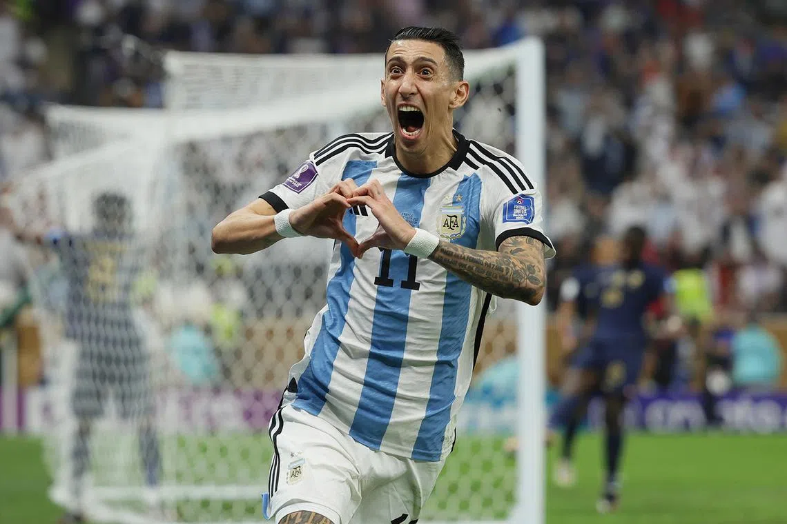 Angel di Maria of Argentina celebrates after scoring to take a 2-0 lead during France.