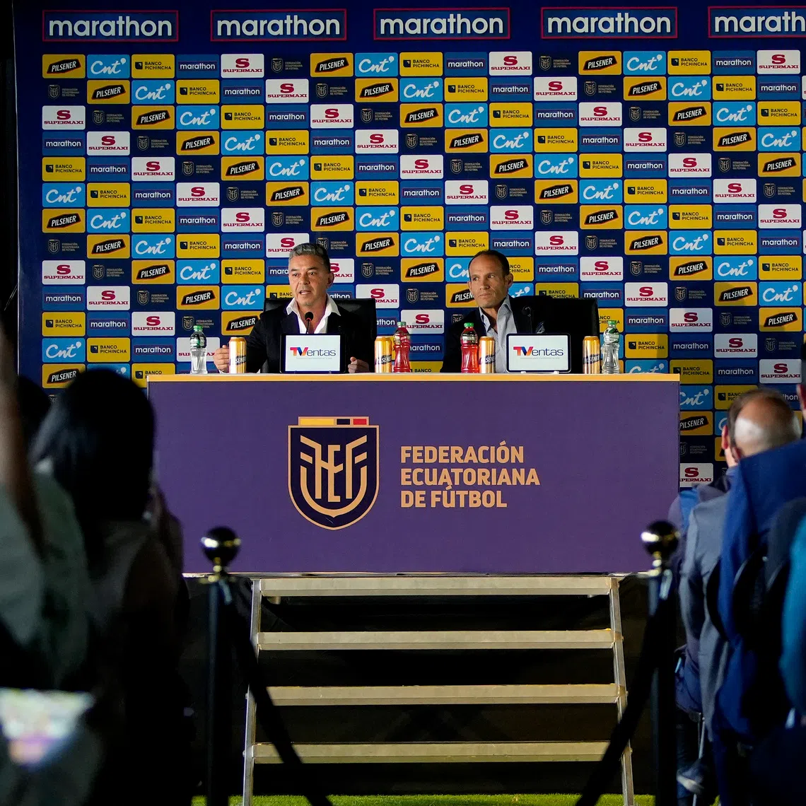 Soccer Football - Ecuador unveil new coach Marcelo Gallardo - Casa de la Seleccion, Quito, Ecuador - September 17, 2026 Ecuador Football Federation president Francisco Egas and Marcelo Gallardo attend a press conference to present Gallardo as the new coach of Ecuador's national soccer team REUTERS/Cristina Vega