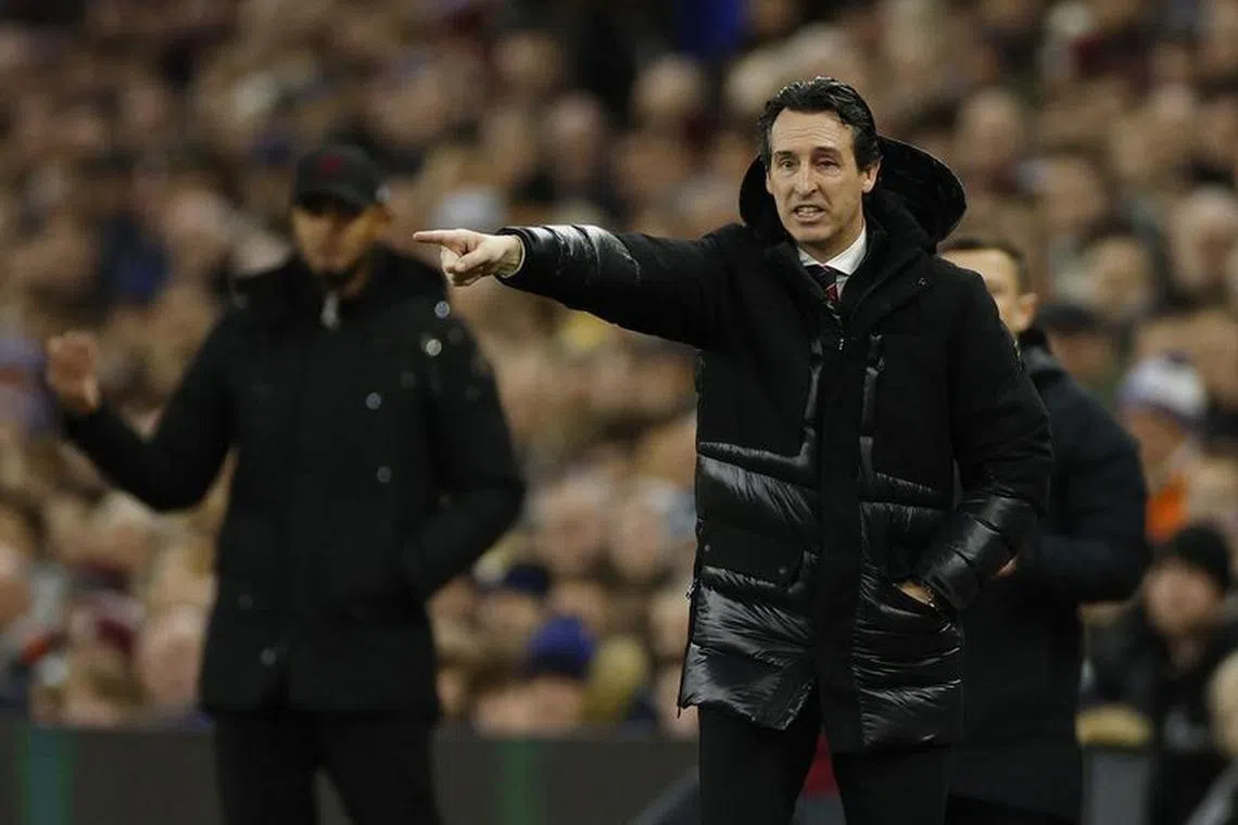 FILE PHOTO: Soccer Football - Premier League - Aston Villa v Burnley - Villa Park, Birmingham, Britain - December 30, 2023 Aston Villa manager Unai Emery reacts Action Images via Reuters/John Sibley