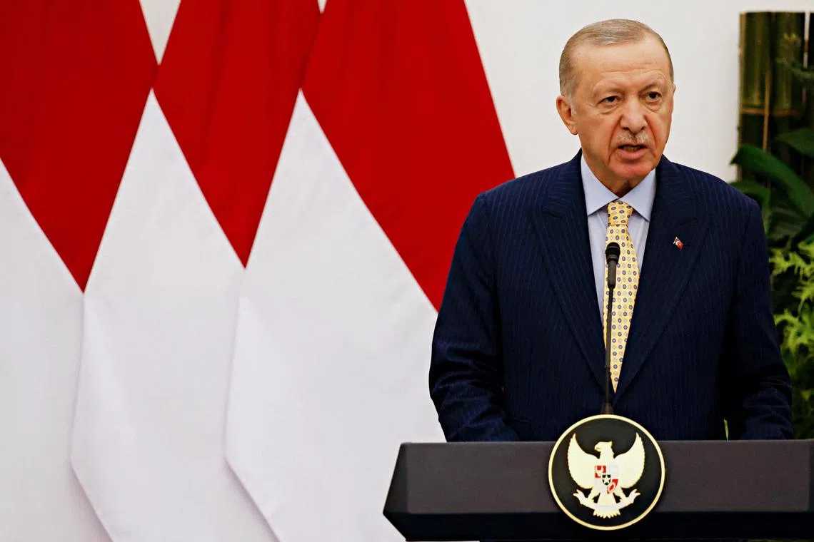 FILE PHOTO: Turkish President Tayyip Erdogan speaks during a press conference with Indonesian President Prabowo Subianto (not pictured), at the Presidential Palace in Bogor, Indonesia, February 12, 2025. REUTERS/Ajeng Dinar Ulfiana/File Photo