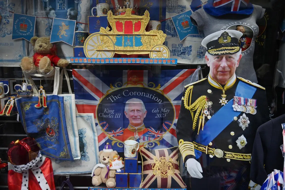 Royal-themed souvenirs and paraphernalia at a store in Windsor, Britain.