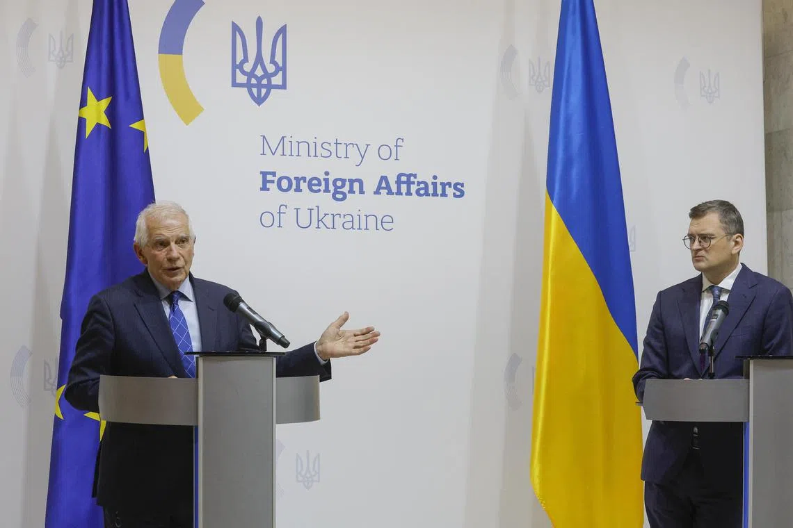 Top European diplomat Josep Borrell (left) and Ukrainian Foreign Minister Dmytro Kuleba, hold a press conference in Kyiv.