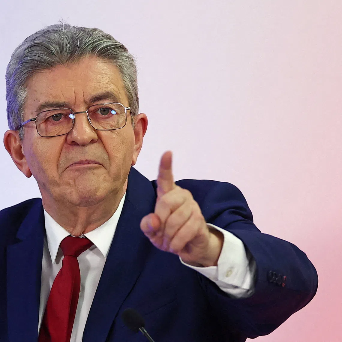 FILE PHOTO: Jean-Luc Melenchon, leader of French far-left opposition party La France Insoumise (France Unbowed - LFI), gestures as he delivers a speech during a campaign rally in Bondy near Paris, France, March 4, 2026. REUTERS/Abdul Saboor/File Photo