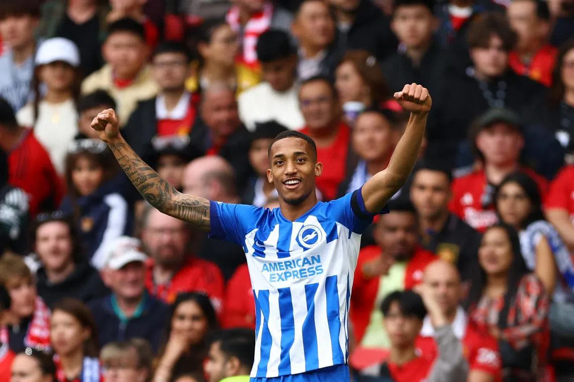 Brighton & Hove Albion's Joao Pedro celebrates scoring their third goal in the 3-1 win over Manchester United.