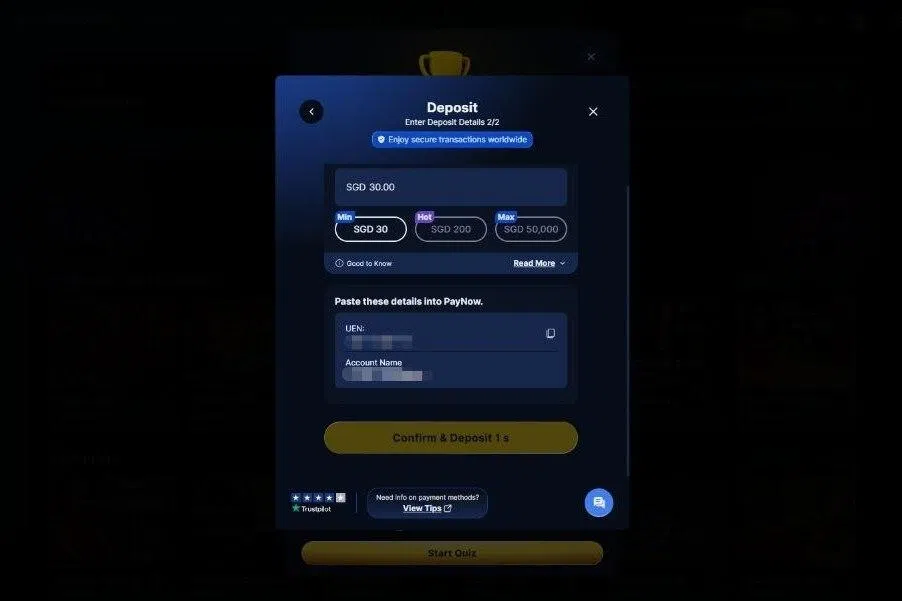 Punters on GemBet are first made to deposit their funds in a wallet before placing bets. Selecting the PayNow option results in a Singapore-registered firm’s details being presented.