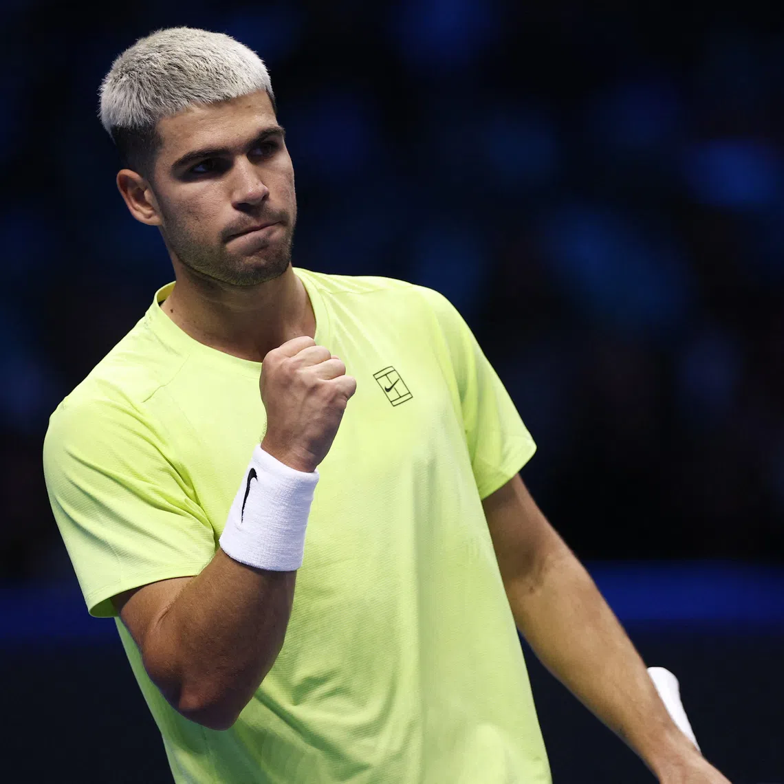 Tennis - ATP Finals - Turin - Palasport Olimpico, Turin, Italy - November 9, 2025 Spain's Carlos Alcaraz reacts during his group stage match against Australia's Alex de Minaur REUTERS/Guglielmo Mangiapane