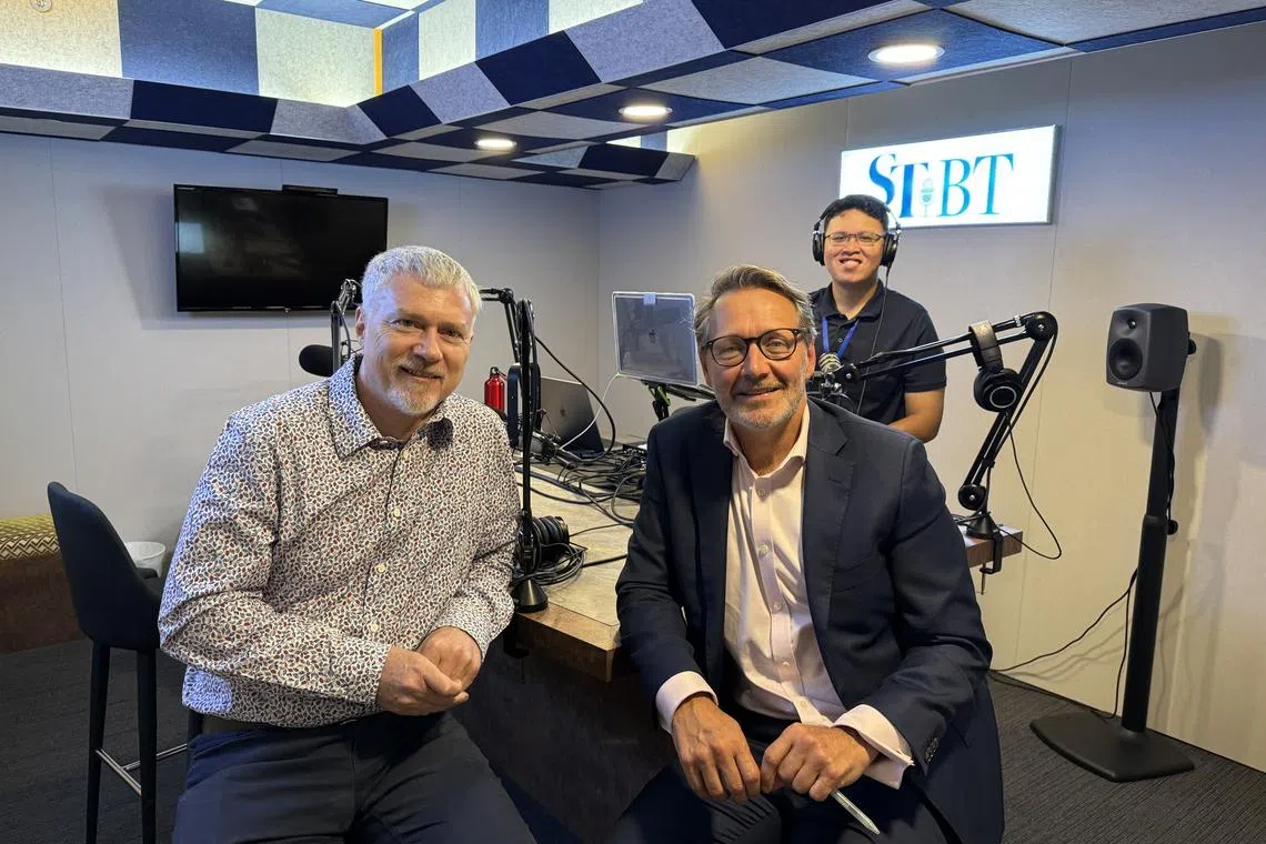David Fogarty (left), ST's climate change editor with Mr Edward Northam (right), Head of Core Renewables and Head of Asia Pacific for Macquarie Asset Management Green Investments in the podcast studio.