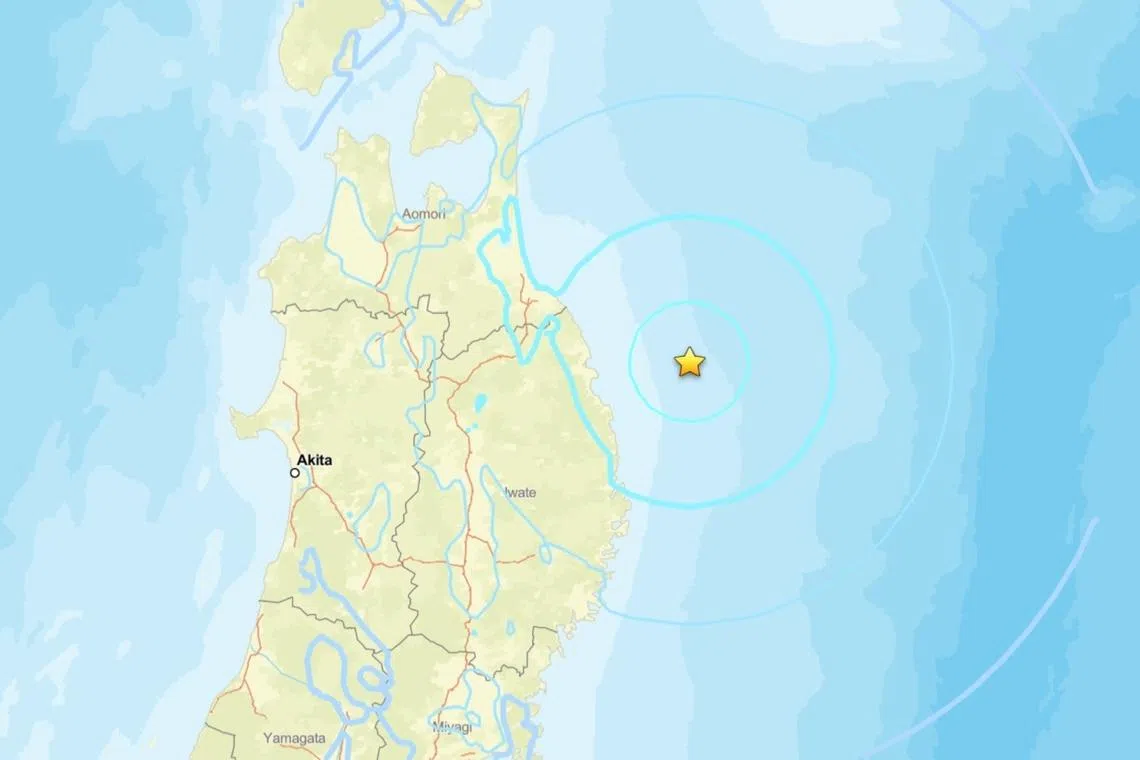 The focus of the 5.21am (4.21am Singapore time) quake was in the Pacific off Iwate prefecture at a depth of about 40km, according to the Japan Meteorological Agency.