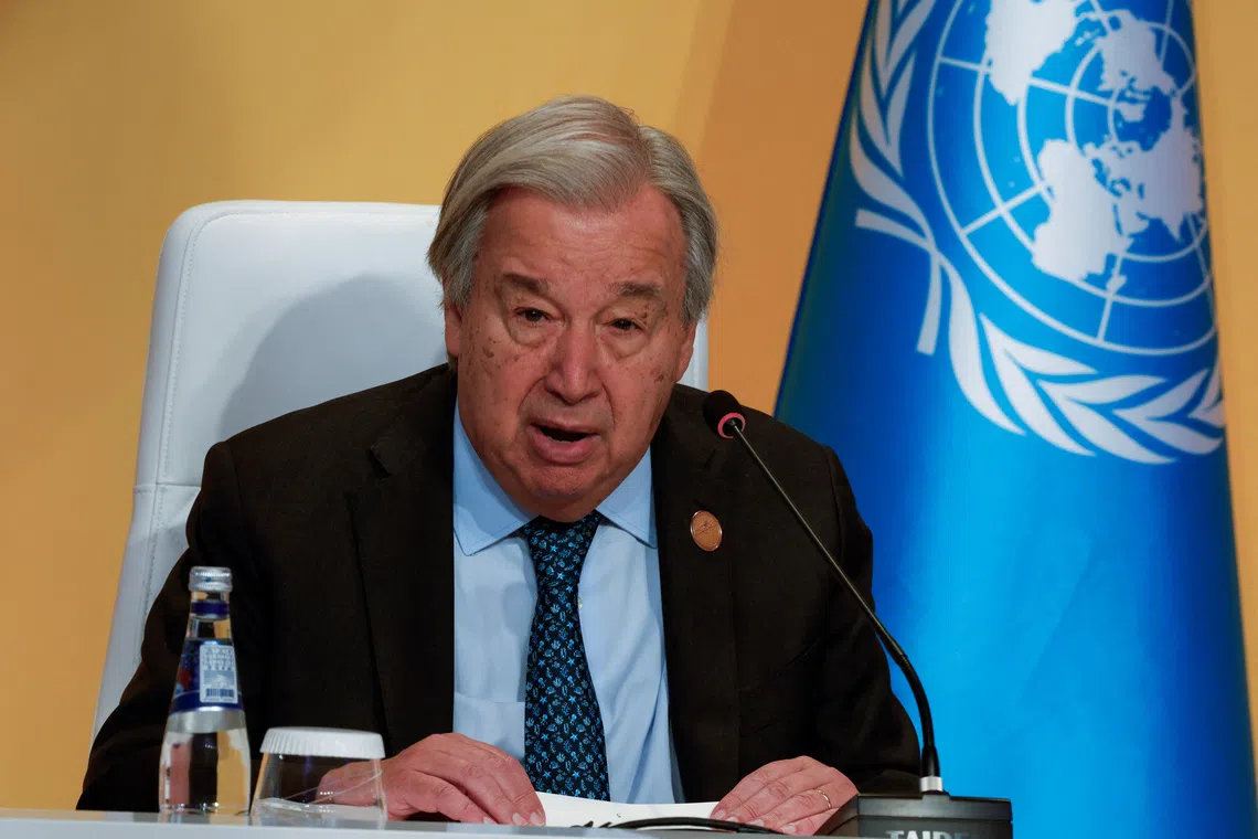 United Nations Secretary-General Antonio Guterres speaks on the day of the Second World Summit for Social Development, focusing on advancing social development and reaffirming commitments to the Copenhagen Declaration, in Doha, Qatar, November 4, 2025. REUTERS/Ibraheem Abu Mustafa
