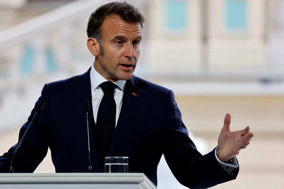 FILE PHOTO: French President Emmanuel Macron speaks during a press conference in the grounds of the Mariinskyi Palace in Kyiv, Ukraine, May 10, 2025. Ludovic Marin/Pool via REUTERS/File Photo