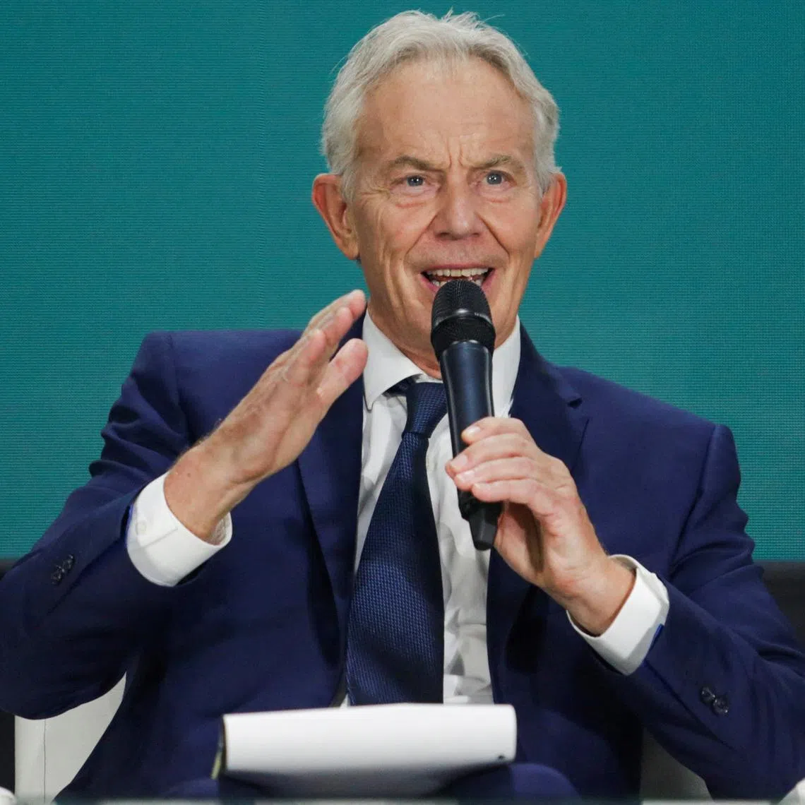 Former British Prime Minister Tony Blair speaks during a dialogue at the International Bali Airshow at Ngurah Rai International Airport, in Kuta, Bali, Indonesia, September 18, 2024. REUTERS/Johannes P. Christo