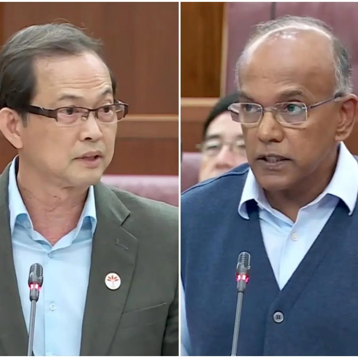Parliament witnessed a heated exchange between Law and Home Affairs Minister K. Shanmugam (right) and NCMP Leong Mun Wai on March 22, 2023.