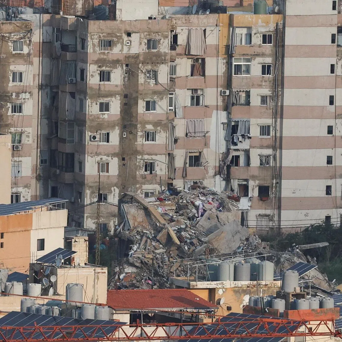 Debris and damaged buildings in the aftermath of Israeli strikes in Beirut's southern suburbs, Lebanon.