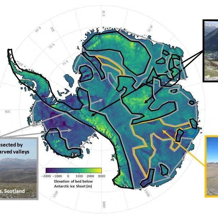 A map illustrates the subglacial landscape of mountain ranges, deep canyons and wide valleys beneath Antarctica.
