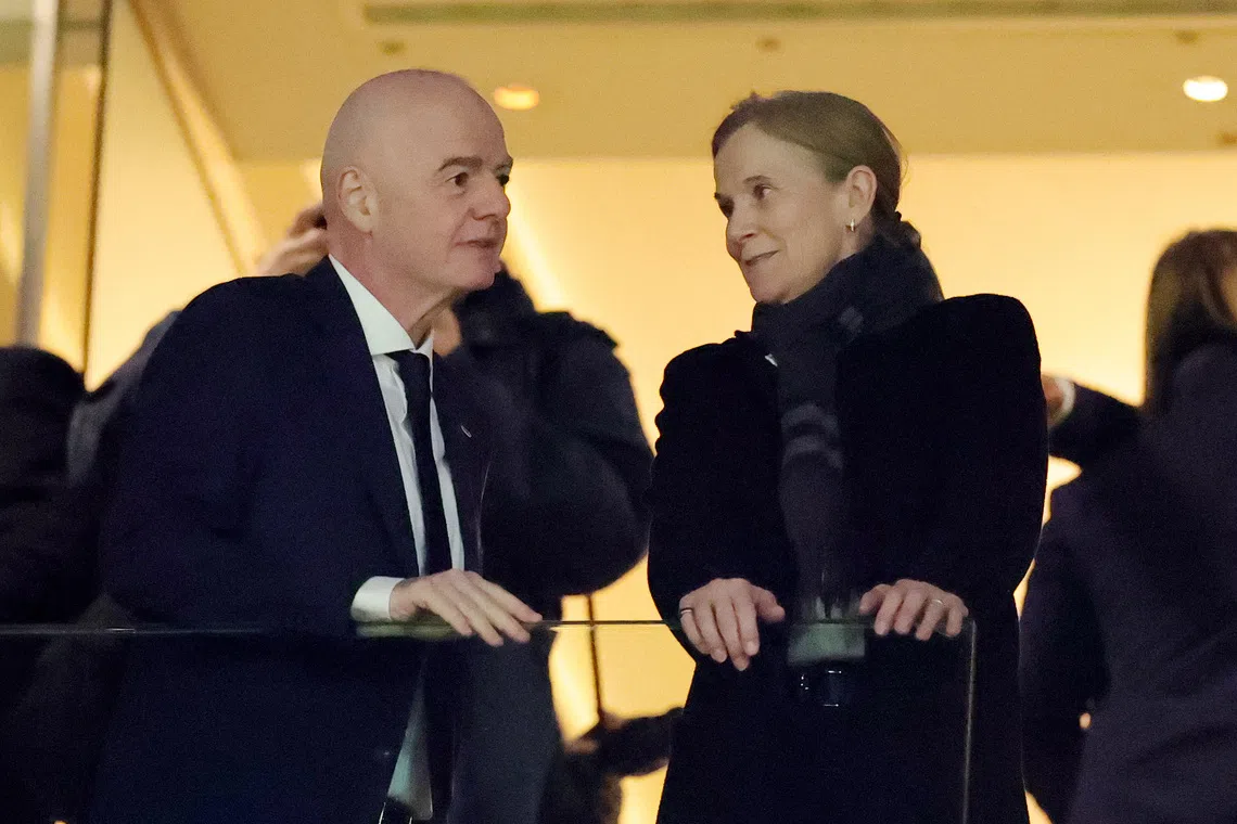 FIFA President Gianni Infantino and England’s Football Association Chair Debbie Hewitt in the stands before the Arsenal v Corinthians match on Feb 1 at the Emirates Stadium in London, Britian.