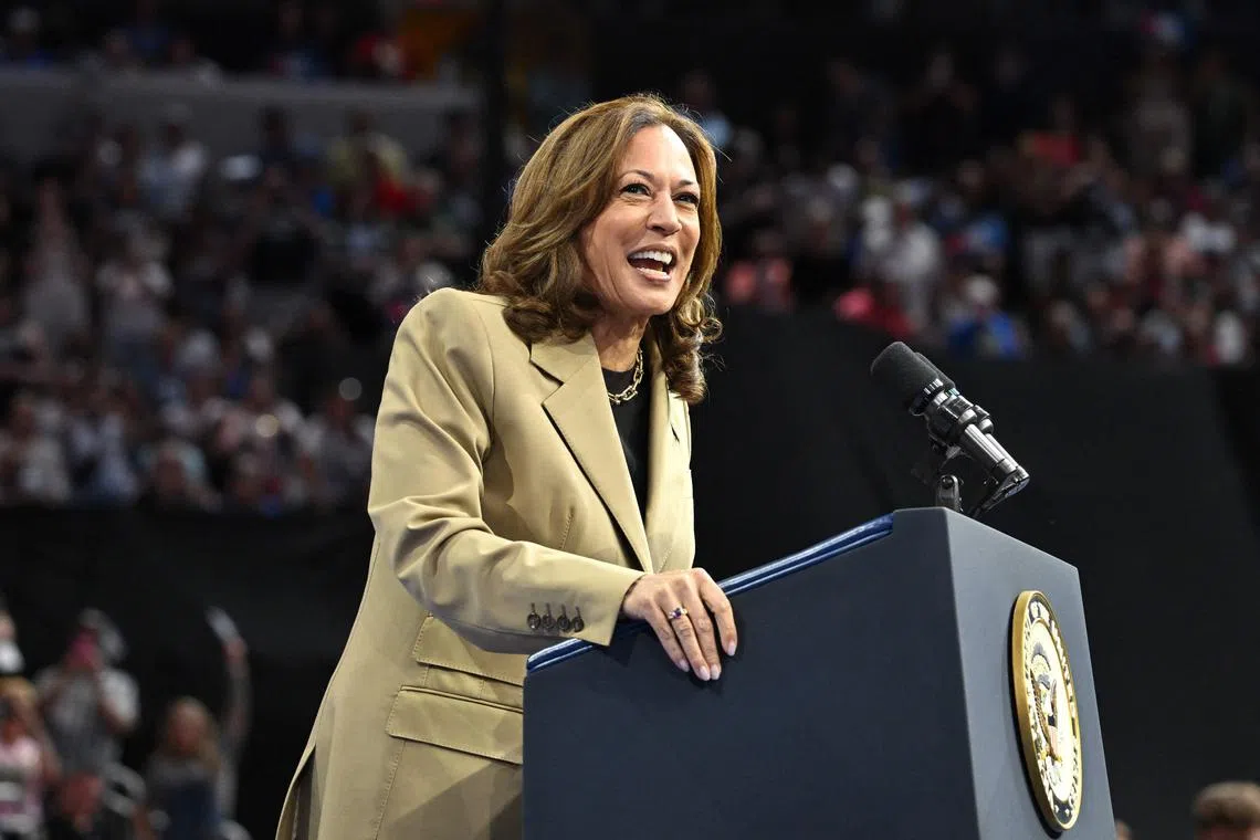 US Vice-President and Democratic presidential candidate Kamala Harris speaks during a campaign event at Desert Diamond Arena in Glendale, Arizona, on Aug 9, 2024.