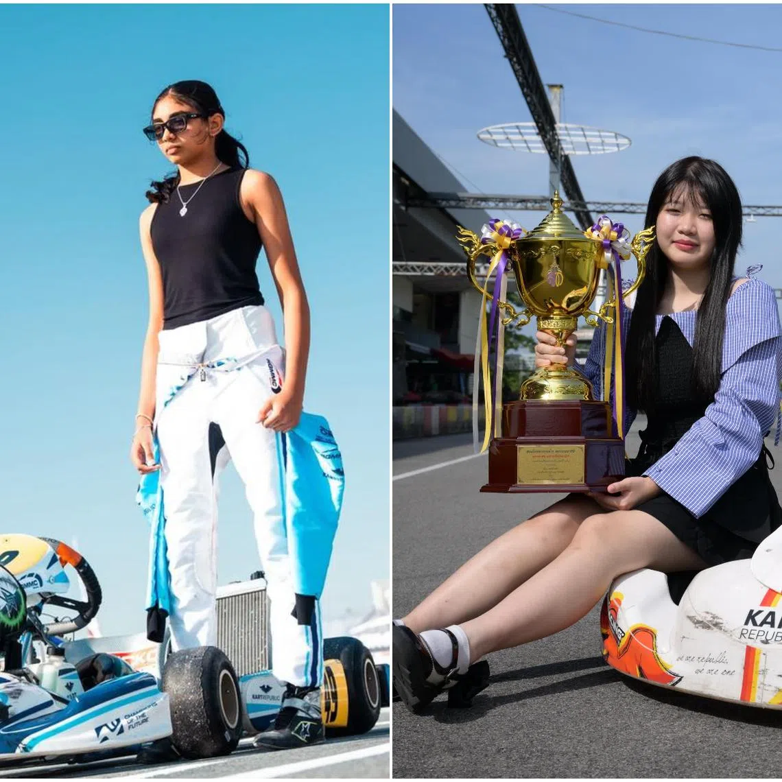Singapore karters Kareen Kaur (left), 14, and Jane Lee, 16.