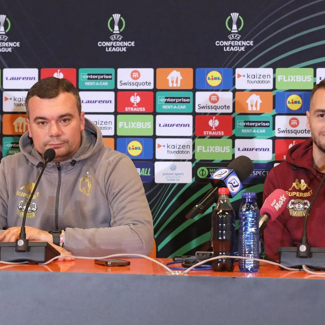 Jagiellonia's head coach Adrian Siemieniec and player Jesus Imaz at a press conference in Bialystok, Poland on Dec 10, 2025. They will face Rayo Vallecano in a Conference League match on Dec 11.