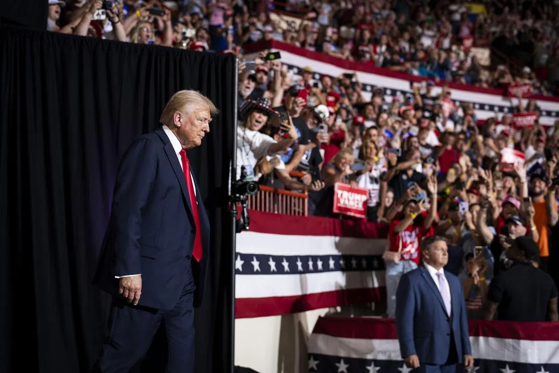 Former President Donald Trump, the Republican presidential nominee, arrives at a campaign rally in Harrisburg, Pa., July, 31, 2024. A day after telling Black journalists that Vice President Kamala Harris had recently decided to become Òa Black person,Ó Trump shared a photo of Harris in traditional Indian clothing. (Doug Mills/The New York Times)