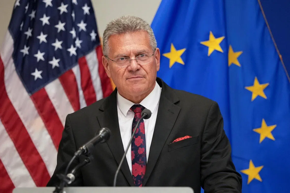 European Commissioner for Trade and Economic Security Maros Sefcovic at a briefing on April 24. Negotiators from the EU’s Parliament and capitals will meet on May 19 to push for a compromise that would allow the bloc to end more than a year of transatlantic trade battles with the US.