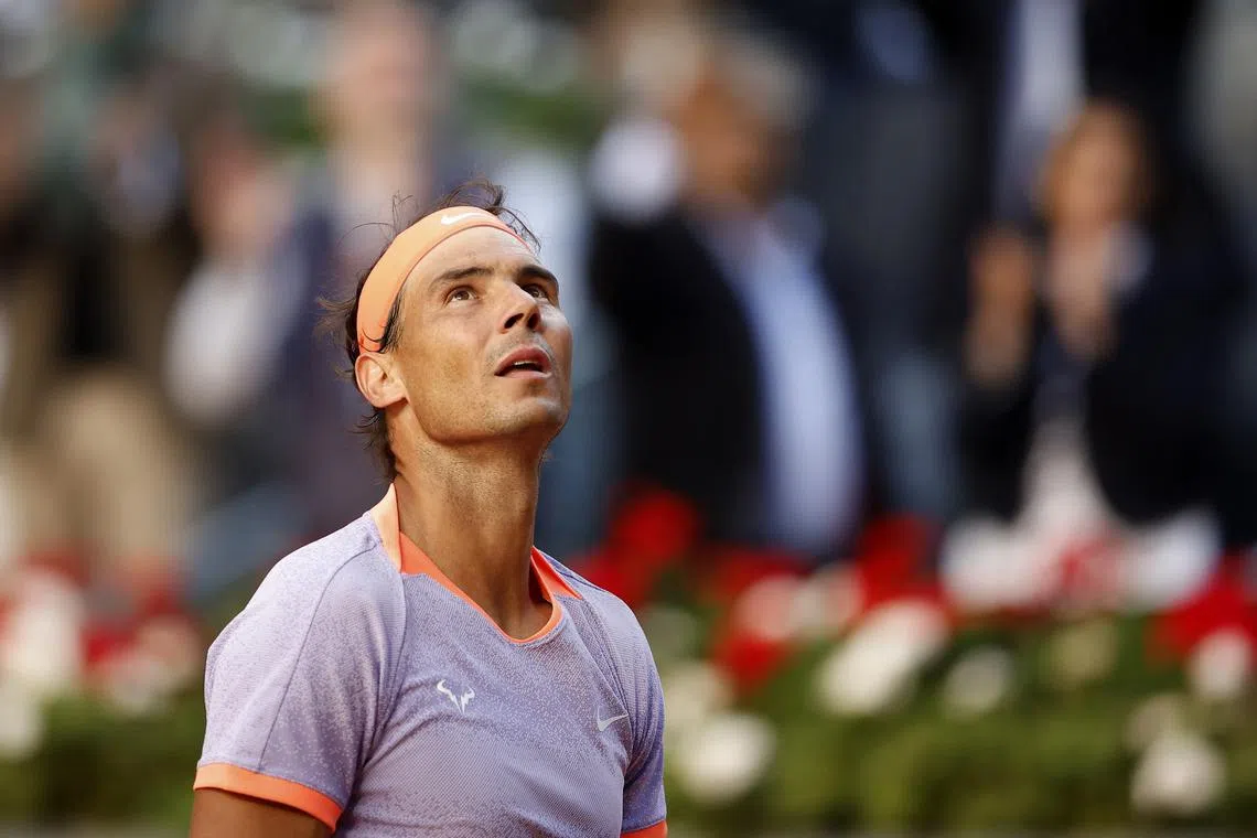 Tennis - Madrid Open - Park Manzanares, Madrid, Spain - April 25, 2024 Spain's Rafael Nadal celebrates winning his round of 128 match against Darwin Blanch of the U.S. REUTERS/Juan Medina