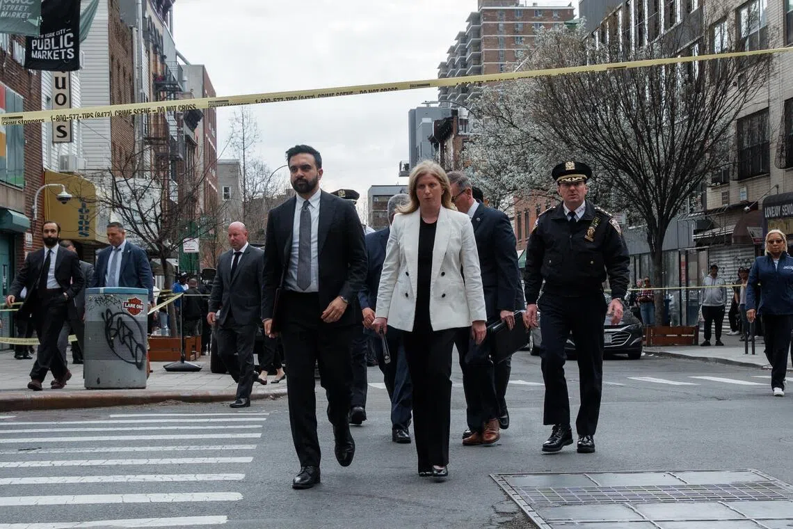 New York City Mayor Zohran Mamdani (left) and New York Police Department Commissioner Jessica Tisch (centre) arriving at the scene of the fatal shooting of a seven-month-old infant in Brooklyn on April 1, 2026.  