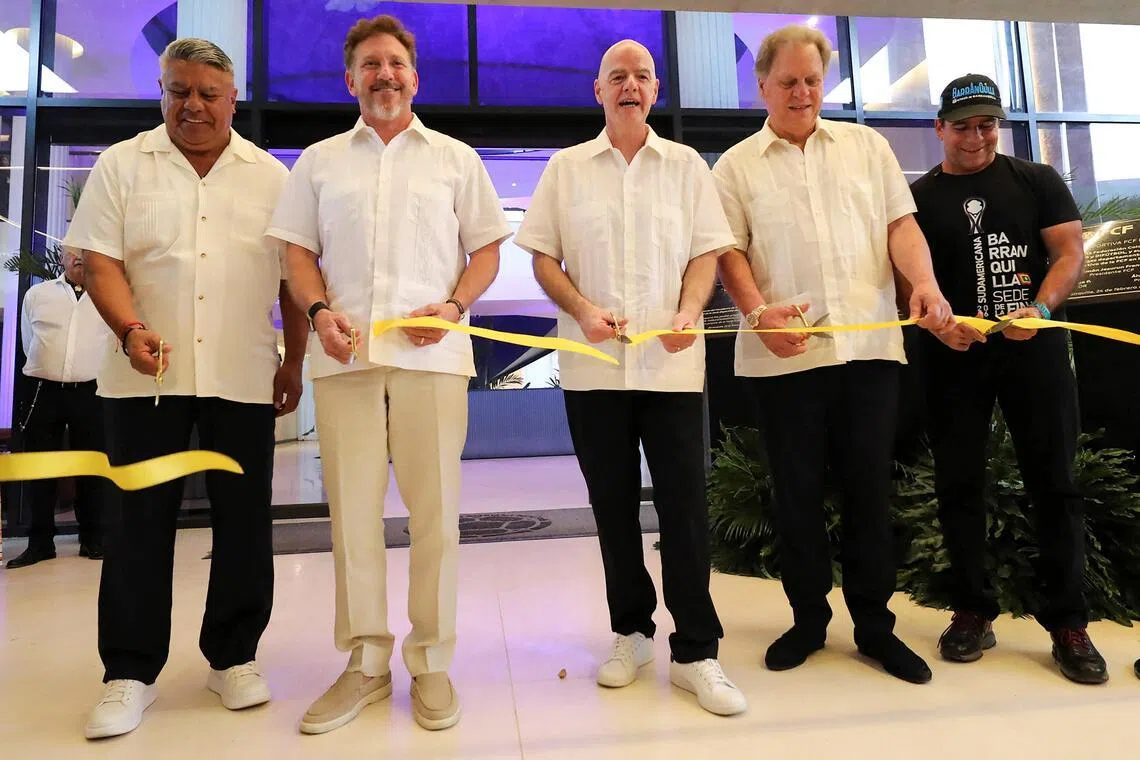 Claudio Tapia, president of the AFA, Conmebol's president Alejandro Dominguez, FIFA president Gianni Infantino, Ramon Jesurun, president of the Colombian Football Federation and Alejandro Char, Mayor of Barranquilla, attend the inauguration of the Colombian Football Federation’s hotel, where Infantino expressed his support for Mexico ahead of the World Cup.