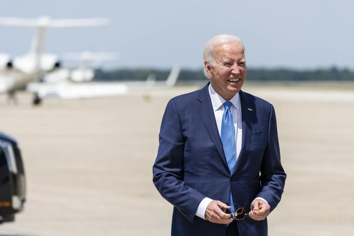 US President Joe Biden deplanes from Air Force One at Joint Base Andrews in Maryland on July 23, 2024. 