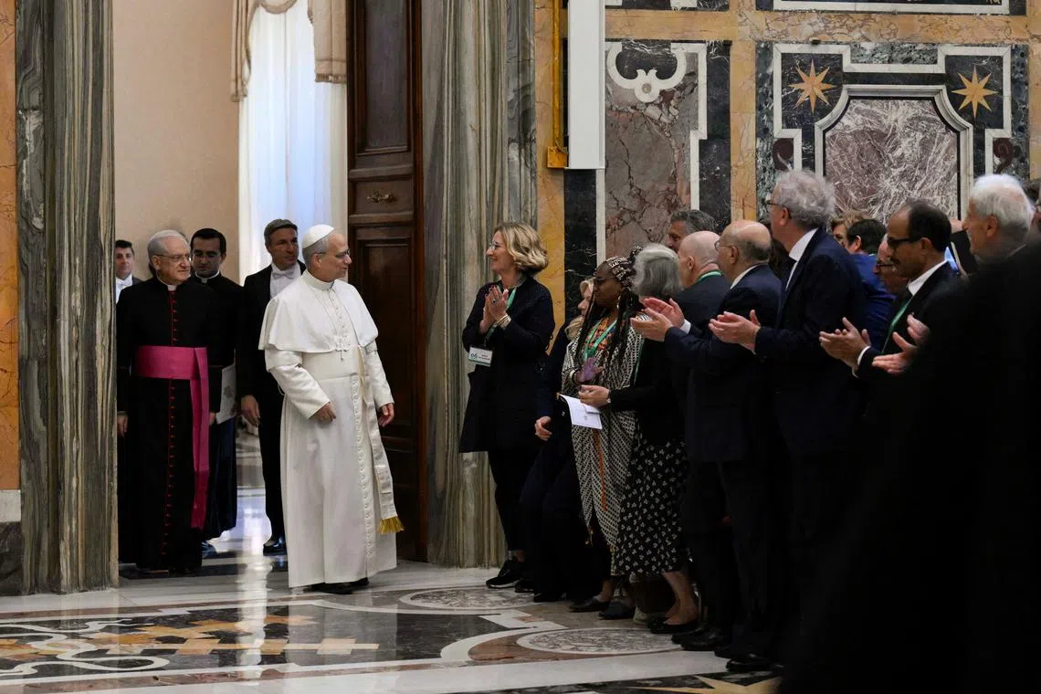 Pope Leo XIV meets with members of the Centesimus Annus Foundation, at the Vatican, May 17, 2025.   Vatican Media/Elisabetta Trevisan/­Handout via REUTERS