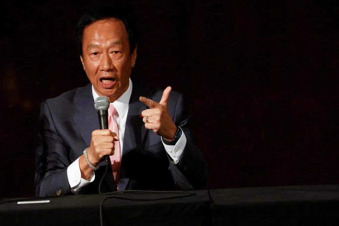 FILE PHOTO: Terry Gou, Foxconn founder and presidential candidate, speaks during a press conference in Taipei, Taiwan November 23, 2023. REUTERS/Carlos Garcia Rawlins/File Photo