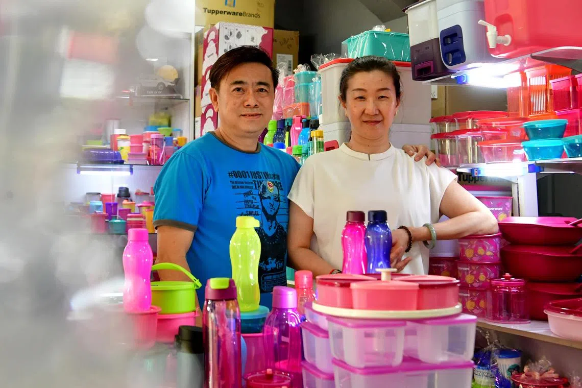 ST20230413_202365237978/Desmond Foo/Shanice/
Executive Directors Mdm Lili Tan and Simon Ong with their Tupperware goods.
Finding out how Singapore's Tupperware businesses/distributors are doing upon US news release.
