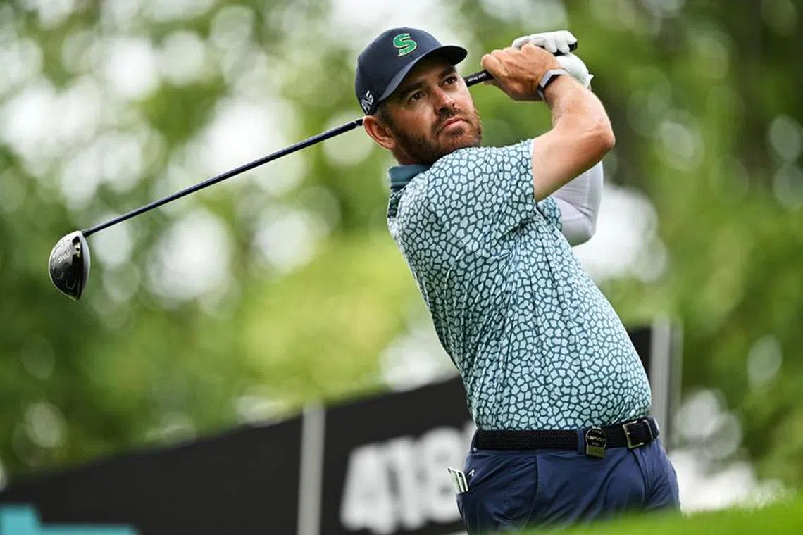 Sep 22, 2023; Sugar Grove, Illinois, USA; Louis Oosthuizen tees off from the third tee box during the first round of the LIV Golf Chicago golf tournament at Rich Harvest Farms. /Jamie Sabau-USA TODAY Sports/File Photo