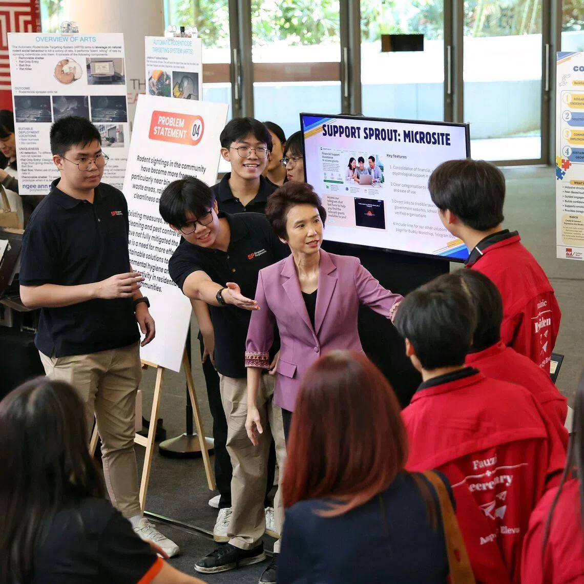 Senior Minister of State for Culture, Community and Youth Low Yen Ling speaking with students at the South West Community Inno Lab Symposium on May 19.