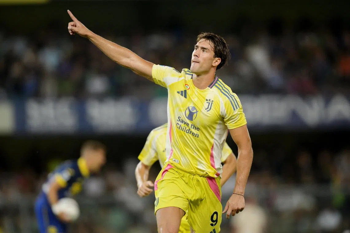 Juventus' Dusan Vlahovic celebrates scoring their third goal in the 3-0 Italian Serie A win over Verona.