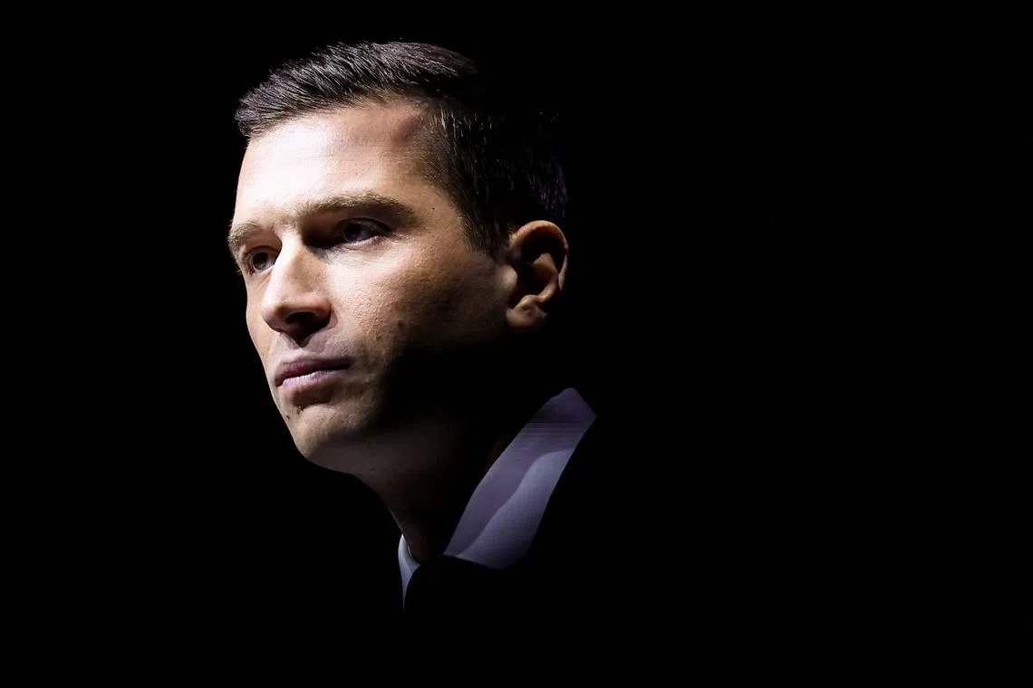 FILE PHOTO: Jordan Bardella, President of the French far-right Rassemblement National (National Rally - RN) party looks on during a political rally in Nice, France, October 6, 2024. REUTERS/Manon Cruz/ File Photo