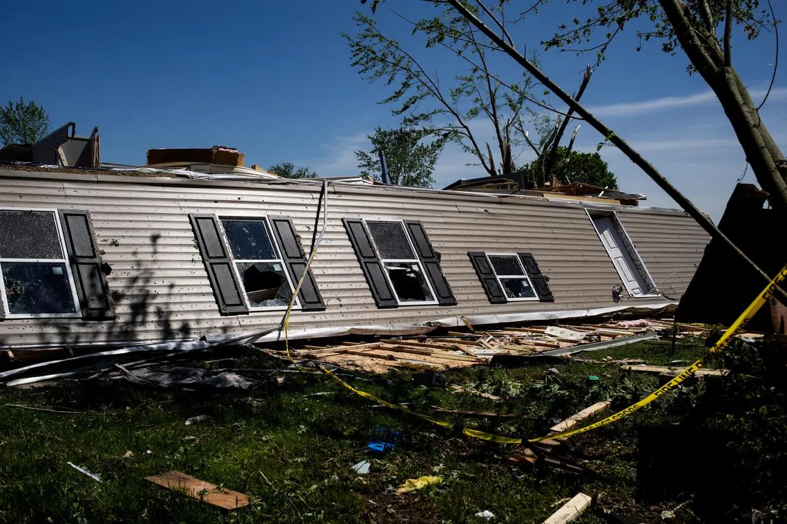 A mobile home destroyed by a tornado that severely damaged and destroyed several homes is pictured at Pavilion Estates in Kalamazoo, Michigan, U.S., May 8, 2024.   REUTERS/Emily Elconin