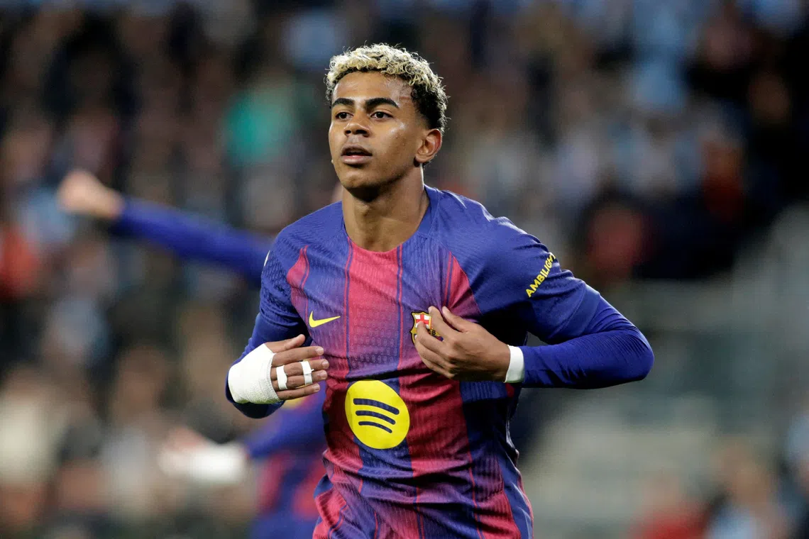 FILE PHOTO: Soccer Football - LaLiga - Celta Vigo v FC Barcelona - Estadio de Balaidos, Vigo, Spain - November 9, 2025 FC Barcelona's Lamine Yamal celebrates scoring their third goal REUTERS/Miguel Vidal/File Photo