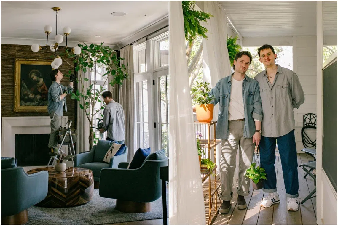 Brandon Barnett (left) and Cameron Dotson, co-owners of Nerdy Plant Co., at a residential client's home in Atlanta, on March 27.