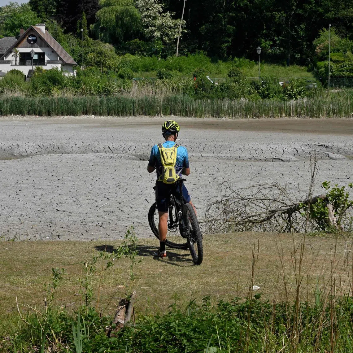 A cyclist stopping by a dry pond near Oud-Heverlee in Belgium on May 14.