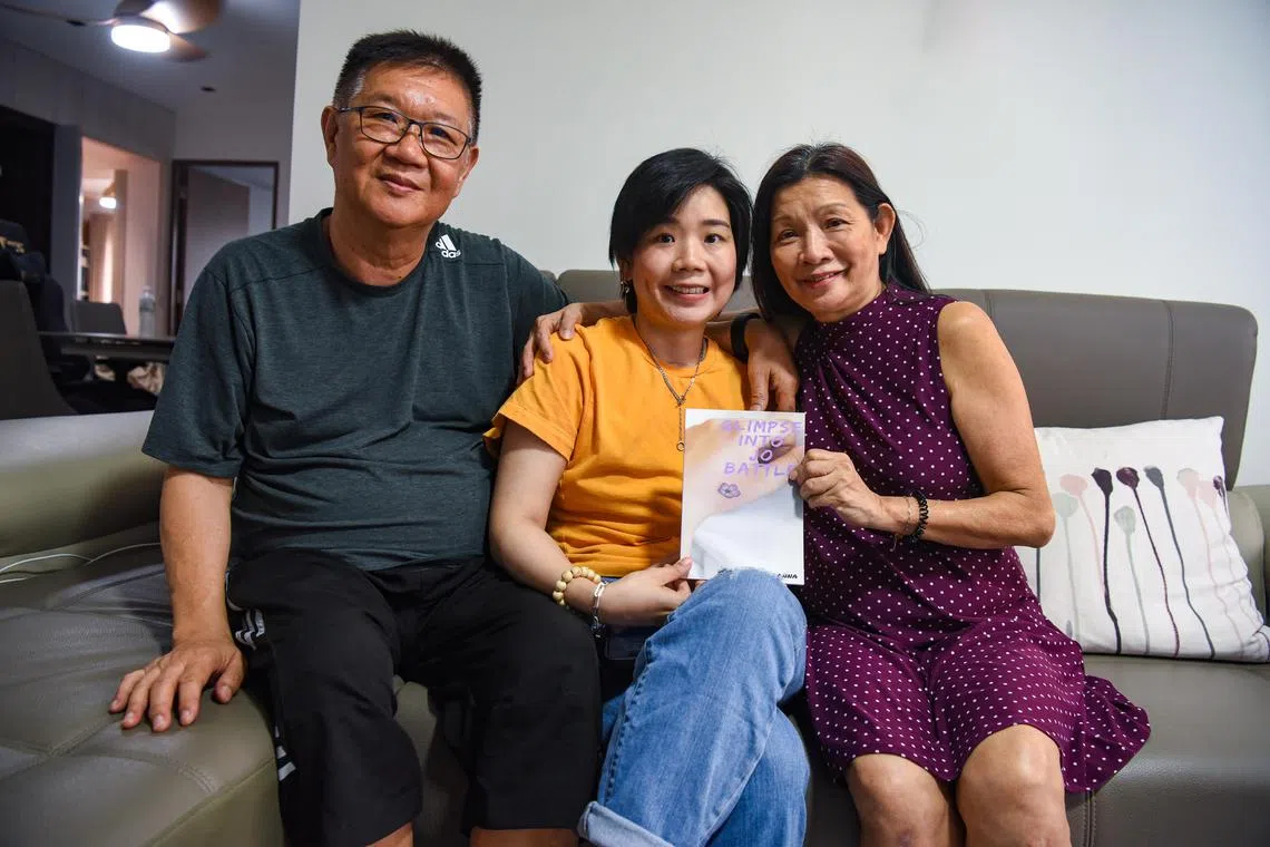 ST20230828_202378044916-Eugene Tan-akjoanna10/

(from left) Dad, Poon Mun Wai, 70, Cancer survivor, Joanna Poon 34, and her mother, Koh Meng Eng, 67, on August 28, 2023./

(ST PHOTO: EUGENE TAN)