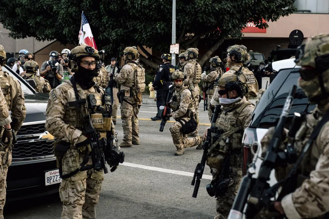 Law enforcement agents in Los Angeles during protests against the Trump administration's mass deportations on June 12.