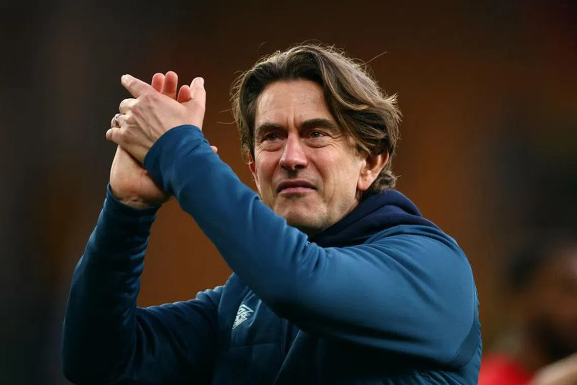 Soccer Football - Premier League - Wolverhampton Wanderers v Brentford - Molineux Stadium, Wolverhampton, Britain - February 10, 2024 Brentford manager Thomas Frank celebrate after the match Action Images via Reuters/Andrew Boyers