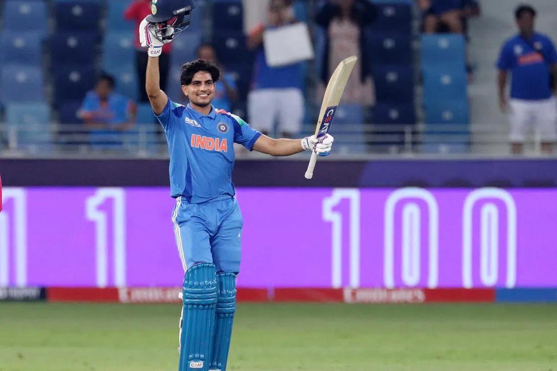 FILE PHOTO: Cricket - ICC Men's Champions Trophy - Group A - Bangladesh v India - Dubai International Stadium, Dubai, United Arab Emirates - February 20, 2025 India's Shubman Gill celebrates after reaching his century REUTERS/Satish Kumar/File Photo