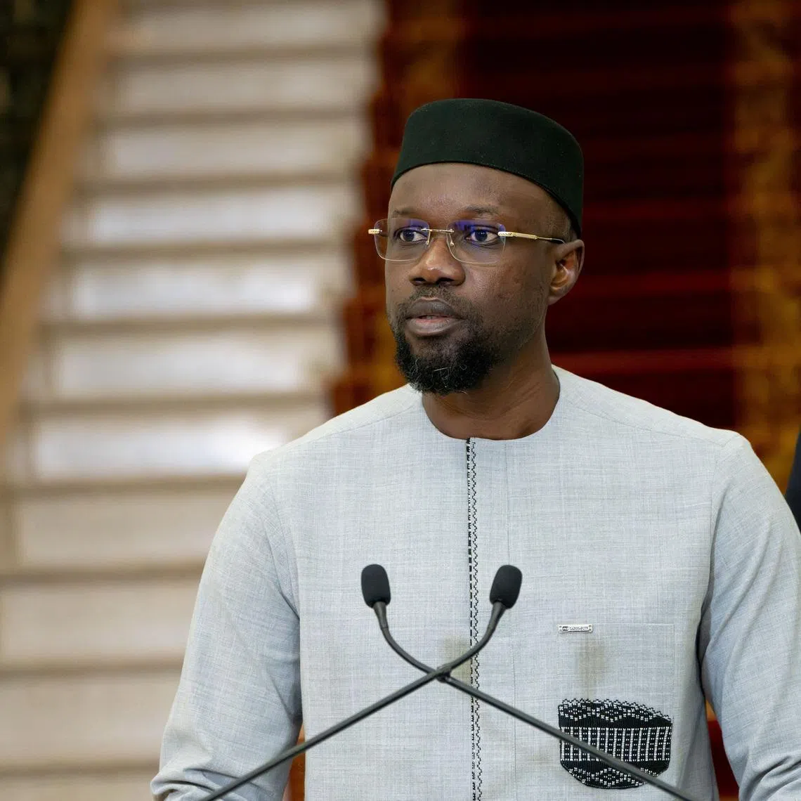 FILE PHOTO: Ousmane Sonko speaks after he was appointed prime minister by Senegal's newly-elected President Bassirou Diomaye Faye, in Dakar, Senegal April 2, 2024. REUTERS/Abdou Karim Ndoye