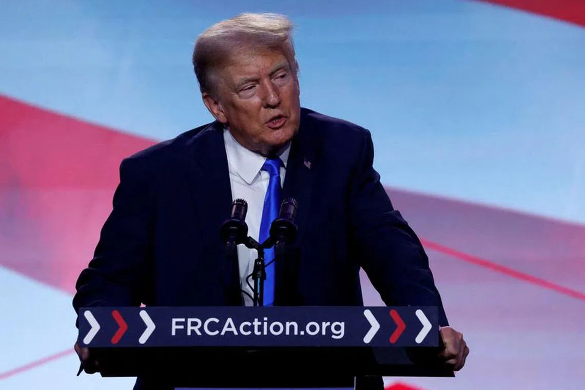 FILE PHOTO: Former U.S. President and Republican presidential candidate Donald Trump addresses the Pray Vote Stand Summit, organized by the Family Research Council in Washington, U.S. September 15, 2023.  REUTERS/Jonathan Ernst/File Photo