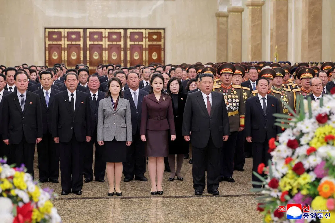 North Korean leader Kim Jong Un, his wife Ri Sol Ju and their daughter Kim Ju Ae (C) visiting the Kumsusan Palace of the Sun to mark the New Year, in Pyongyang, North Korea, in this picture released by North Korea's official Korean Central News Agency on Feb 13, 2026. 