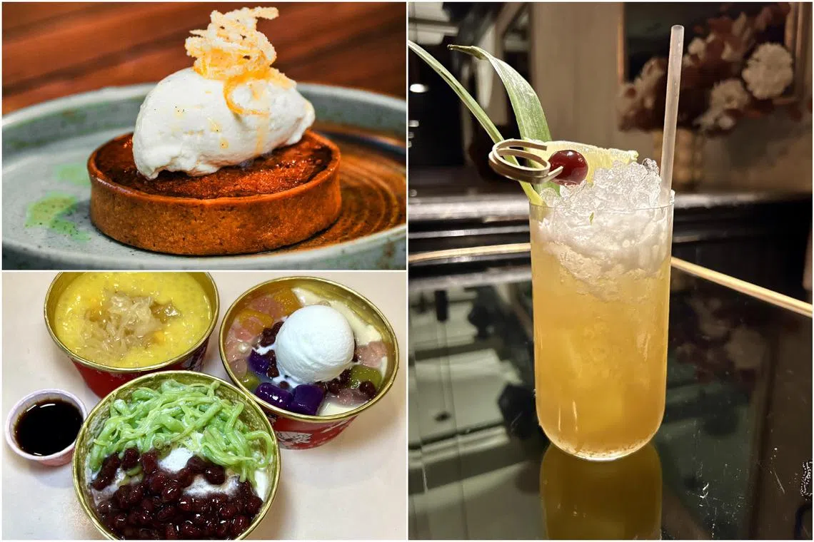 (Clockwise from top left) Carnaby’s British fare, non-alcoholic drink tour SingaPour, and sweet treats at Duke Dessert.