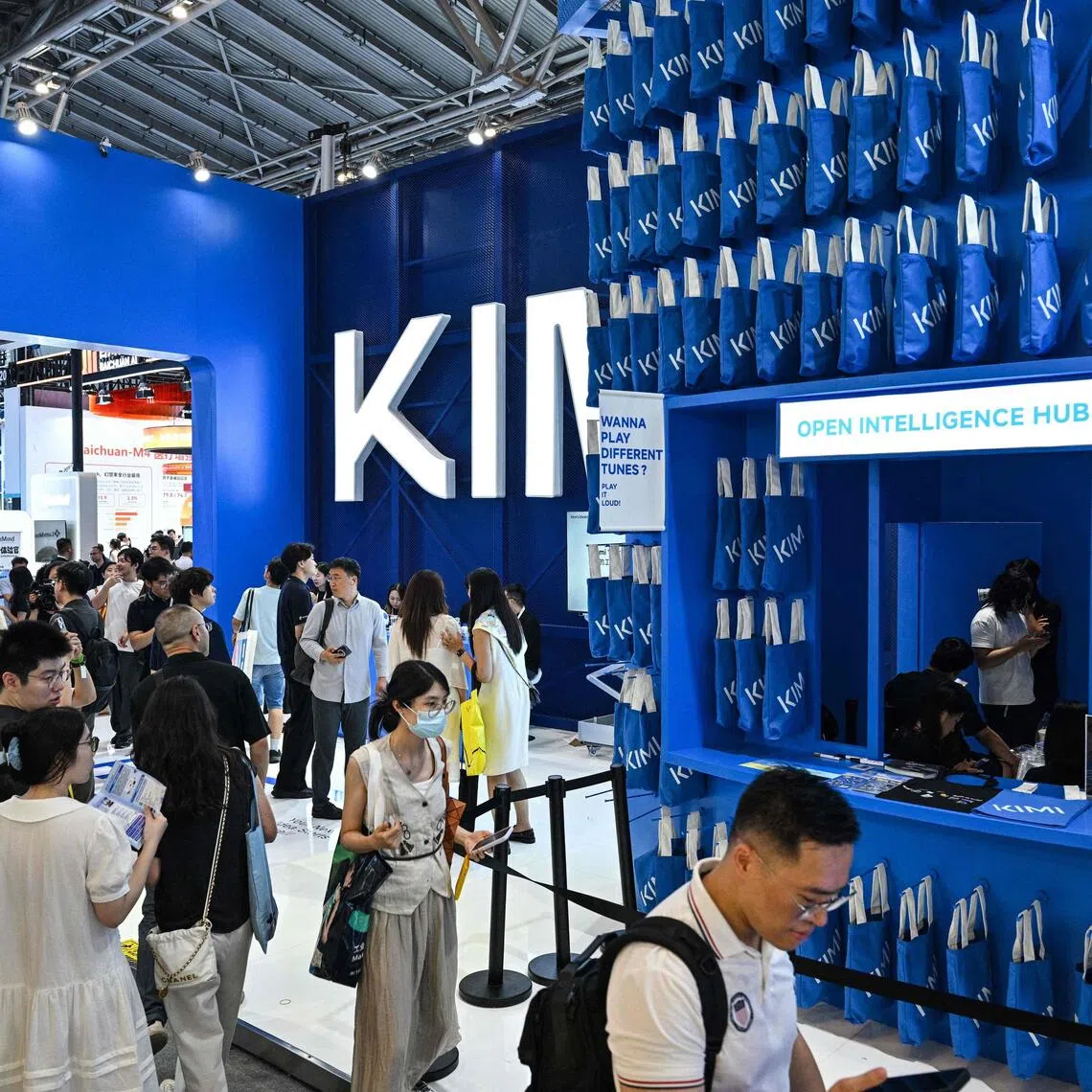 Visitors at the Moonshot AI stand, featuring the Kimi K3 model, during the World Artificial Intelligence Conference in Shanghai on July 18.