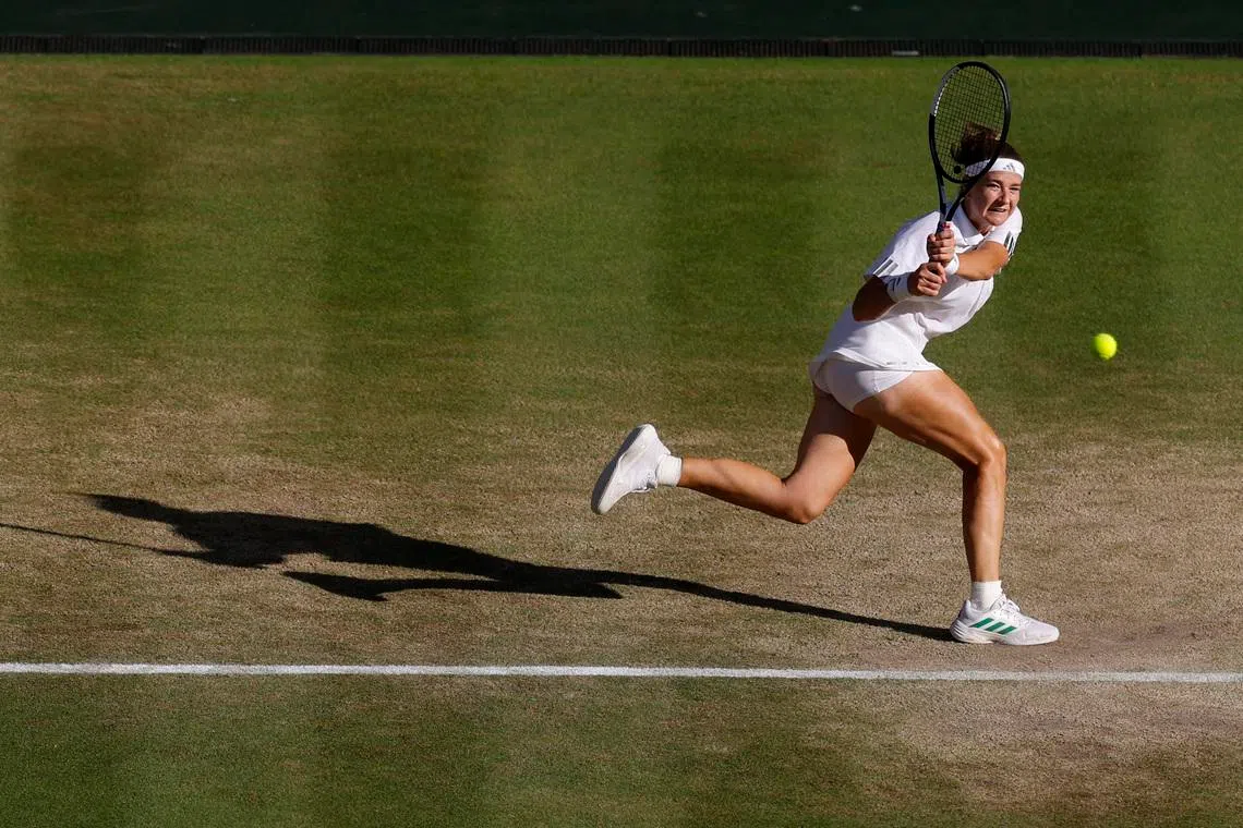 Tennis - Wimbledon - All England Lawn Tennis and Croquet Club, London, Britain - July 11, 2026 Czech Republic's Karolina Muchova in action during her final match against Czech Republic's Linda Noskova REUTERS/Andrew Couldridge